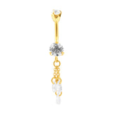 Surgical Steel Zirconia Belly Bar With Triple Dangle Gold
