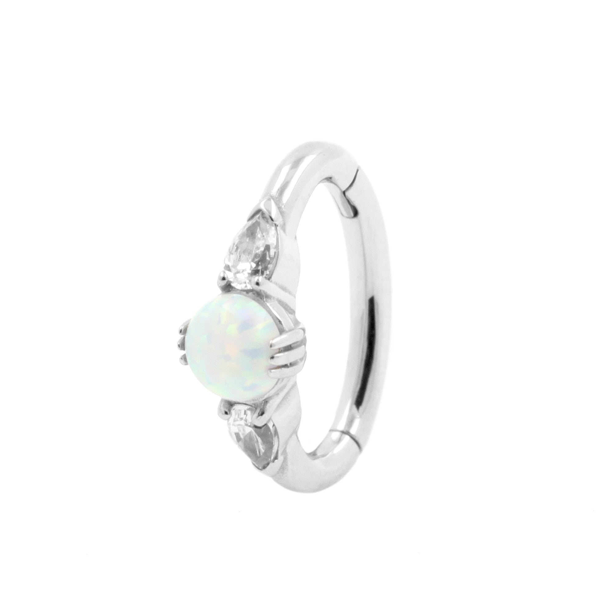 Nickel-Free Stainless Steel Belly Ring Clicker - Opal And Zirconia White Opal