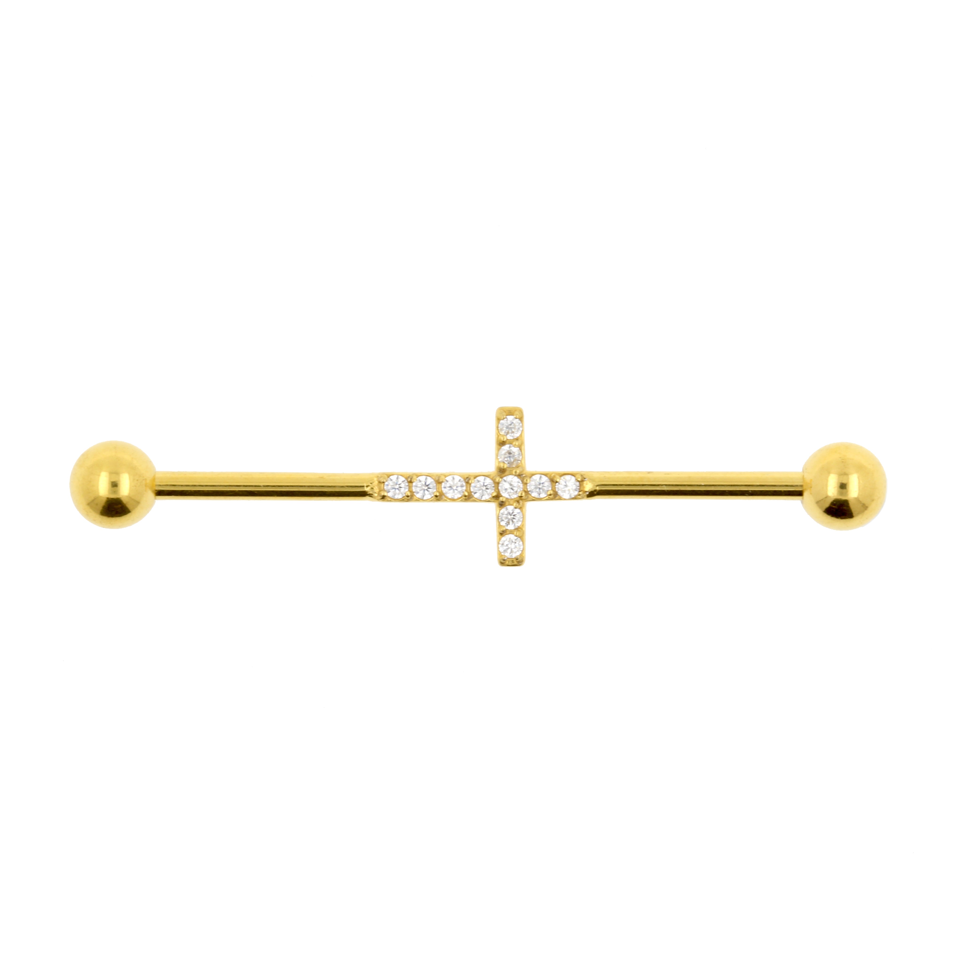 Chirurgisch Stalen Industrial Barbell Met Zirkonia - Cross Goud