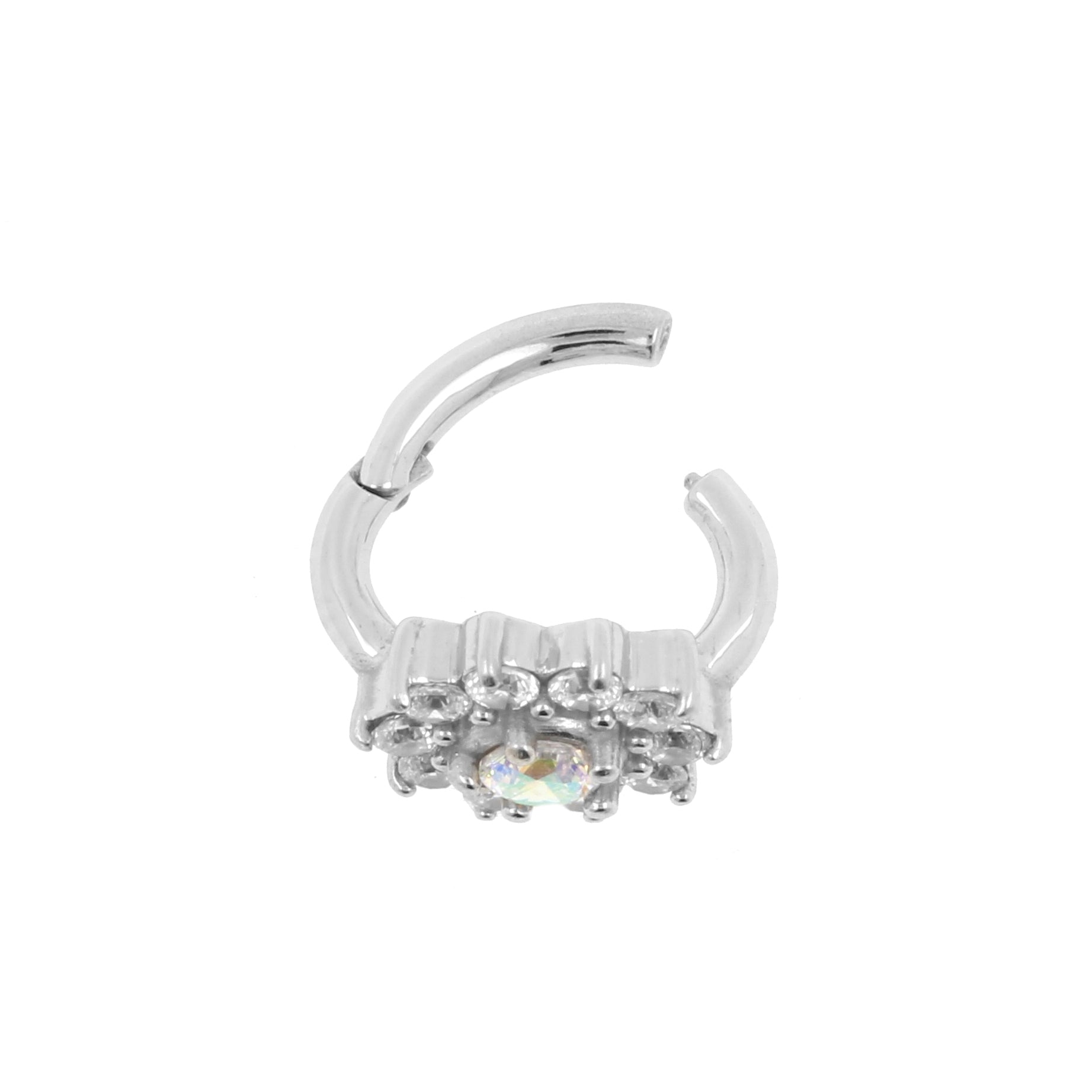 Nickel-Free Stainless Steel Rook Clicker - Zirconia Flower Crystal AB / Clear