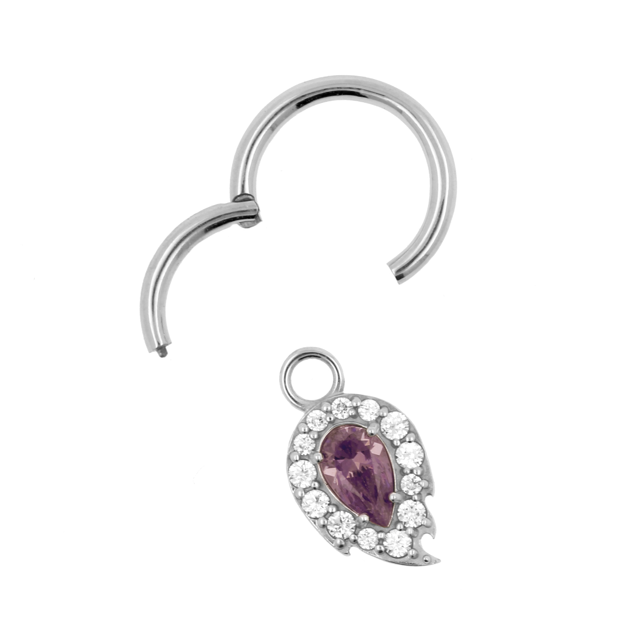 Nickel-Free Stainless Steel Click Ring Charm - Droplet Rhodolite