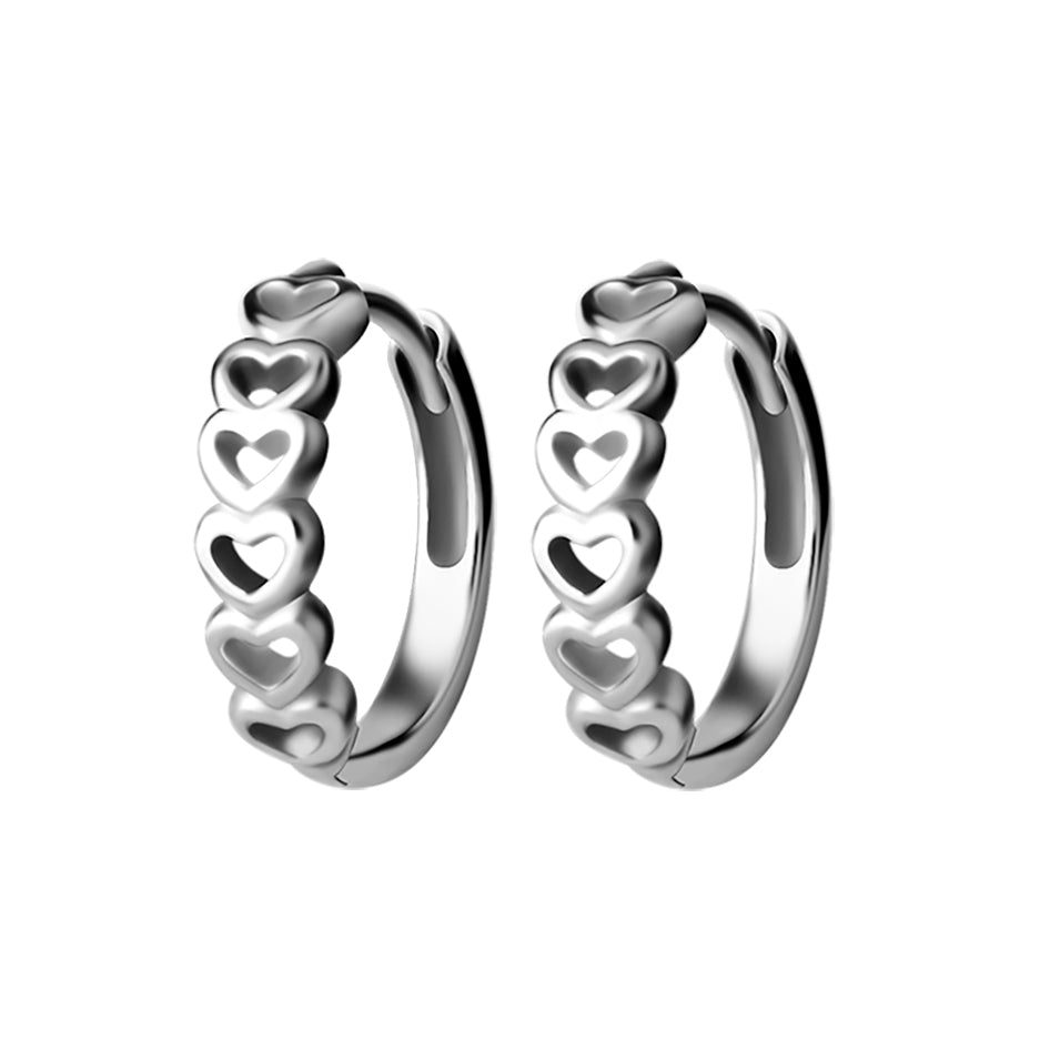 Surgical Steel Click Hoop Earrings - Hearts Silver