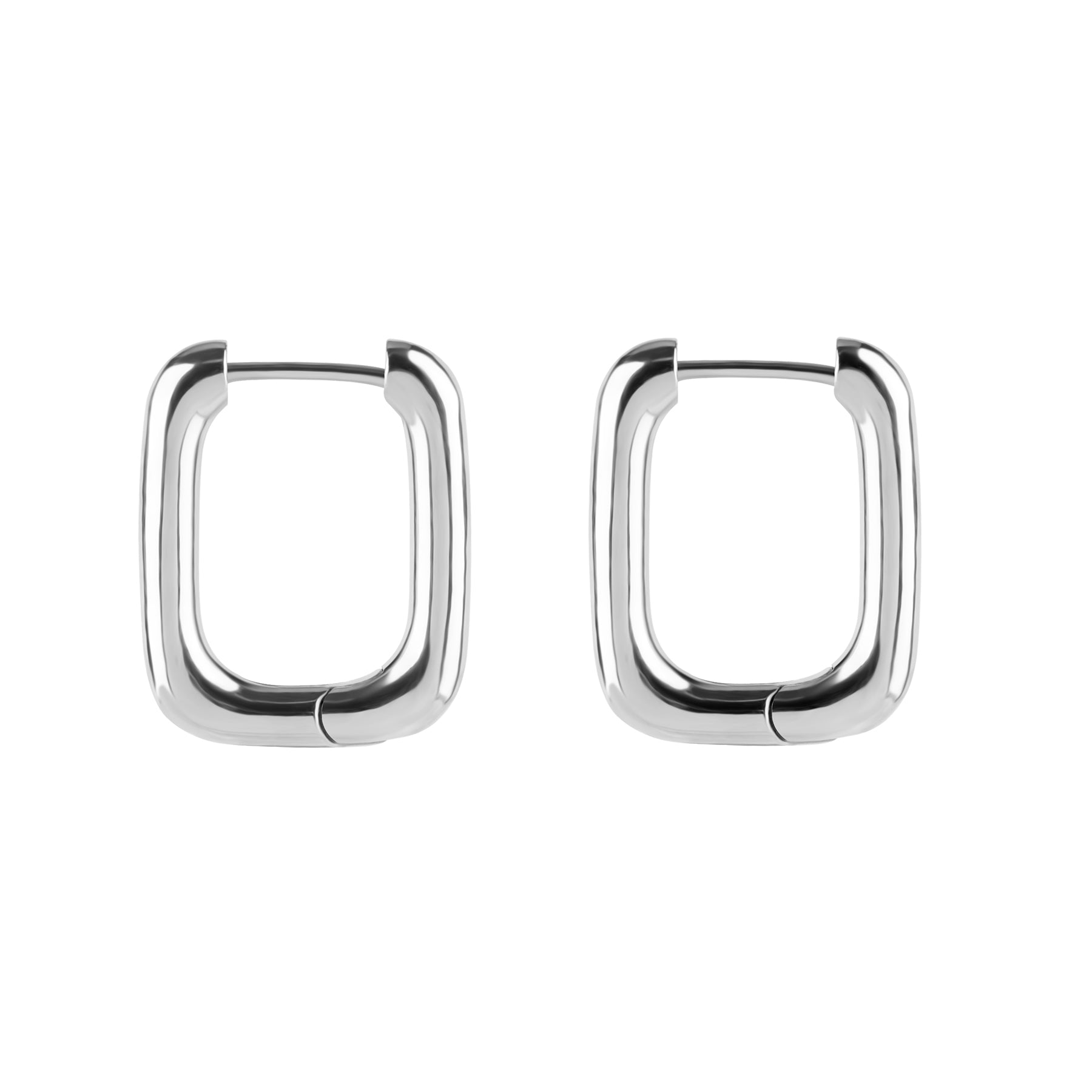 Nickel-Free Stainless Steel Click Hoop Earrings - Squared Dangle Silver