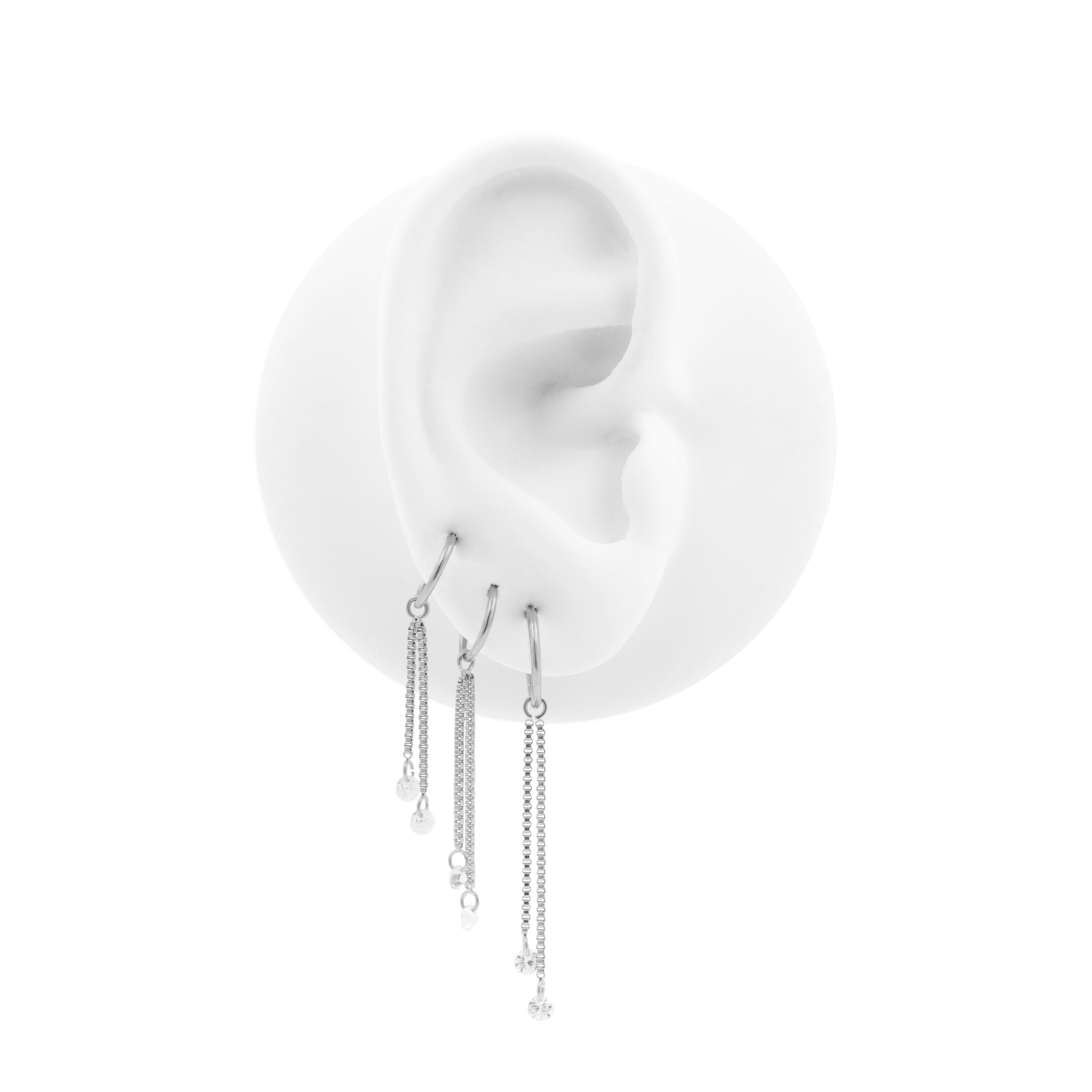 Surgical Steel Click Ring Box Chains with Round Cubic Zirconia Stones - Double - Silver