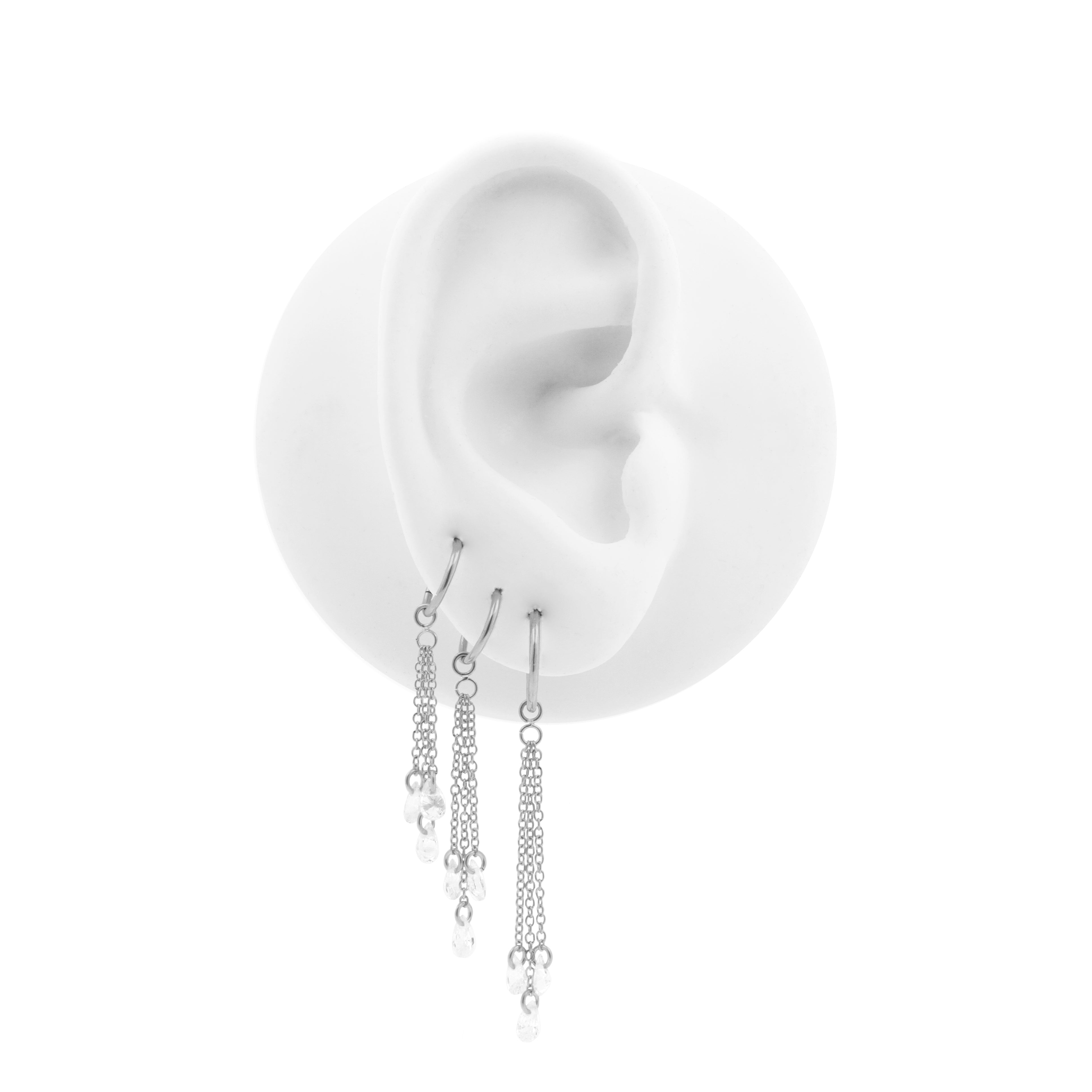 Surgical Steel Click Ring Box Chains with Round Cubic Zirconia Stones - Triple - Silver