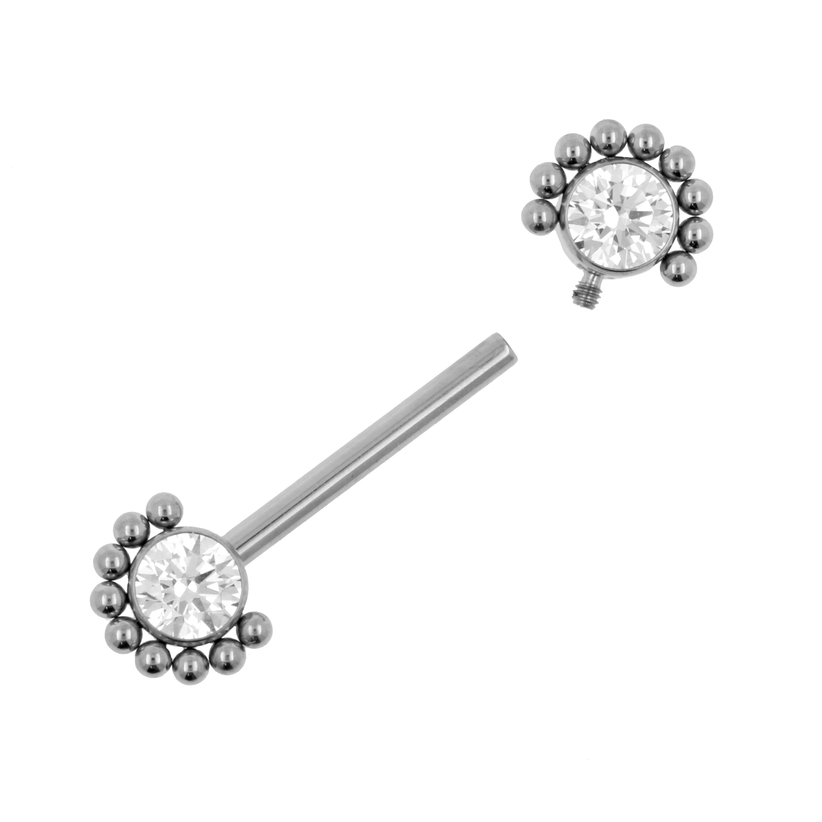 Titanium Tepel Barbell Met Zirkonia Cluster Zilver