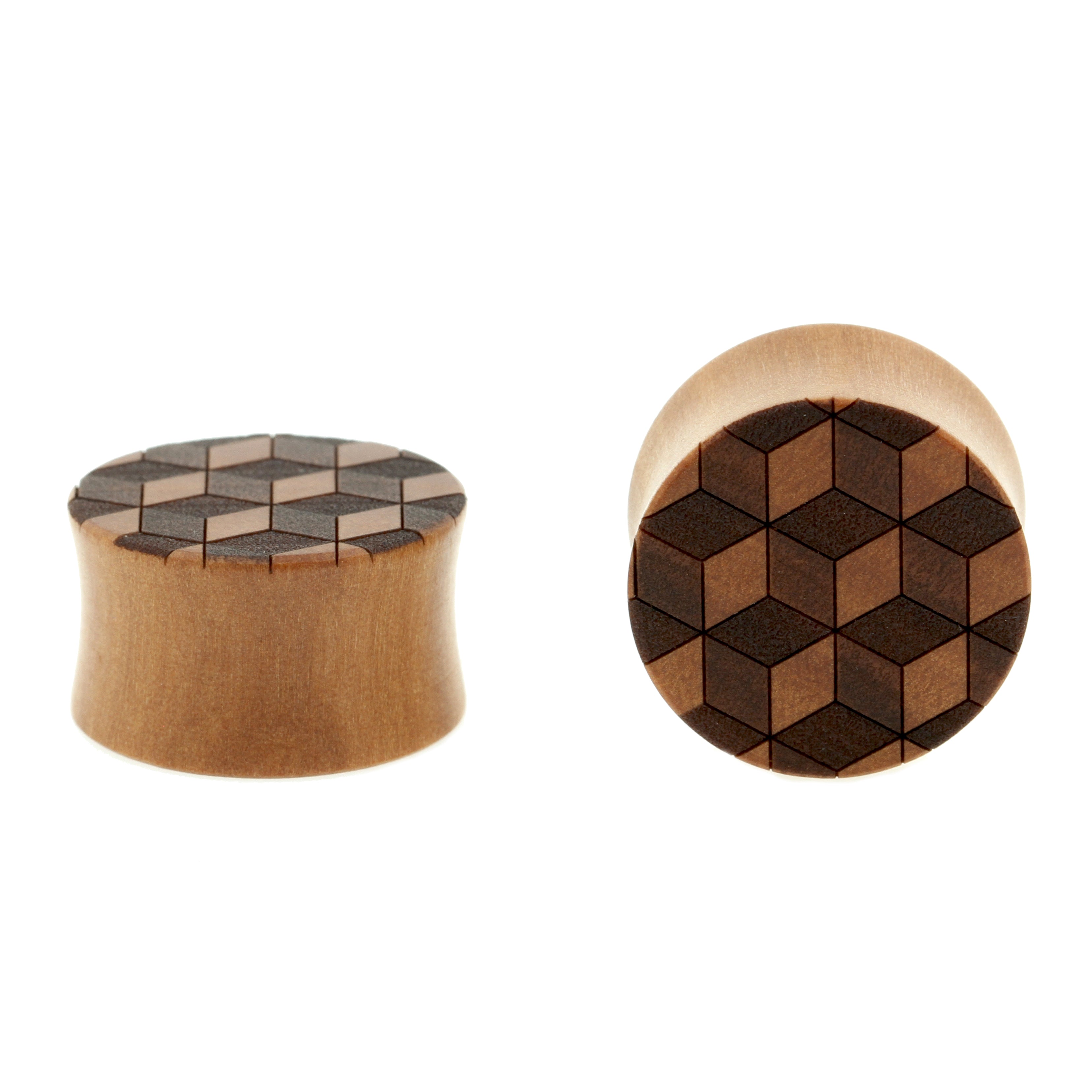 Wood 3D Cube Plugs - Sawo Red Brown